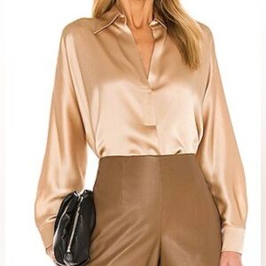 VINCE GOLD SILKY LONG SLEEVE V-NECK POPOVER BLOUSE CHAMOIS WOMENS SZ XXS